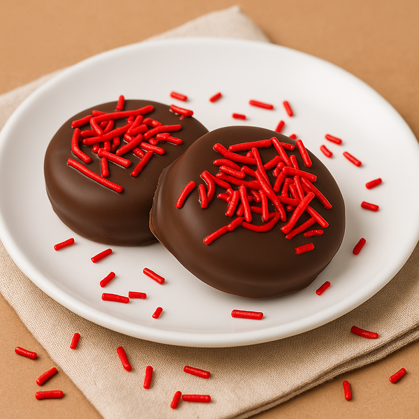 Red Sprinkles Dark Chocolate Coated Sandwich Cookies 1 Dozen