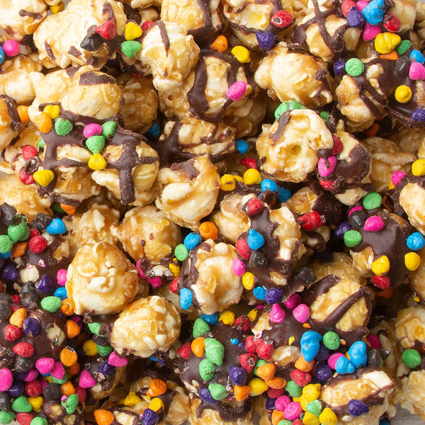 Chocolate Drizzled Caramel Popcorn with Rainbow Chips - 16oz Tub